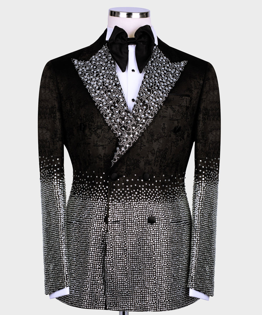 Black tuxedo jacket with silver gemstone-embroidered peak lapels and satin bow tie