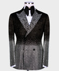 Black tuxedo jacket with silver gemstone-embroidered peak lapels and satin bow tie