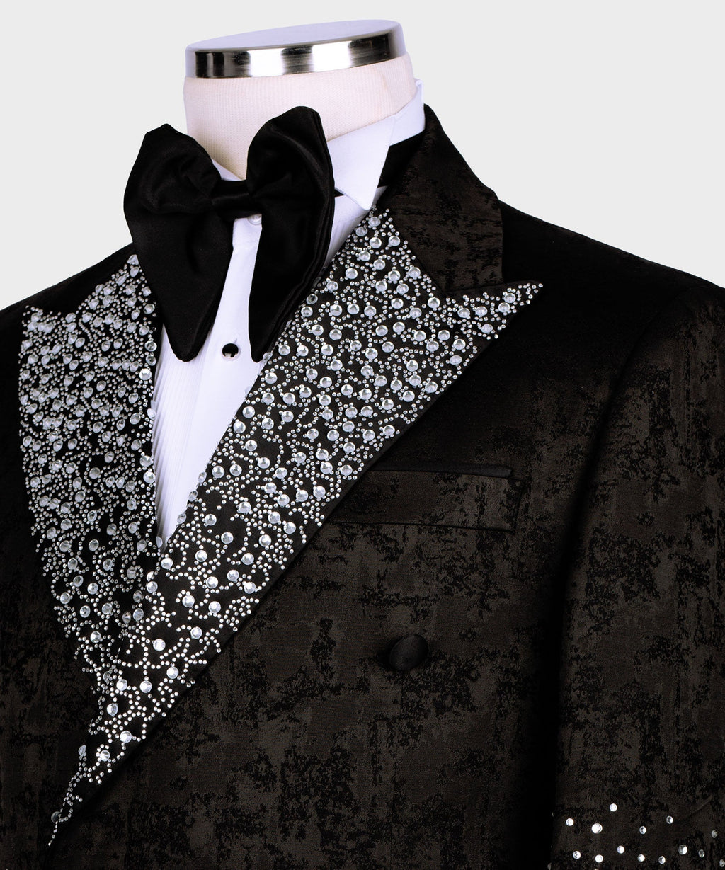 Black tuxedo lapels with silver gemstone embroidery and black satin bow tie