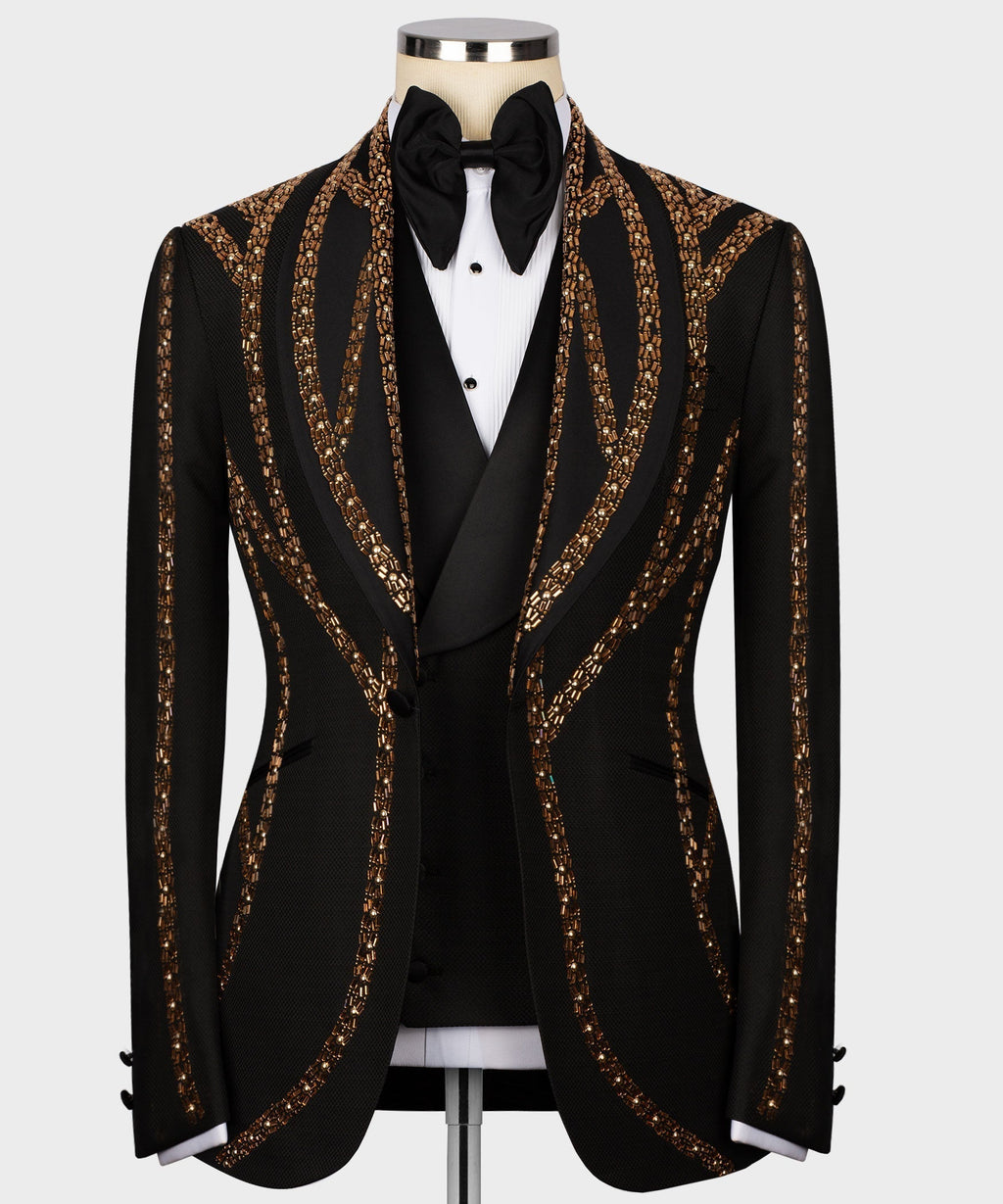 Black tuxedo jacket with gold embroidered curved stripes, bow tie and satin lapels