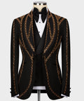 Black tuxedo jacket with gold embroidered curved stripes, bow tie and satin lapels