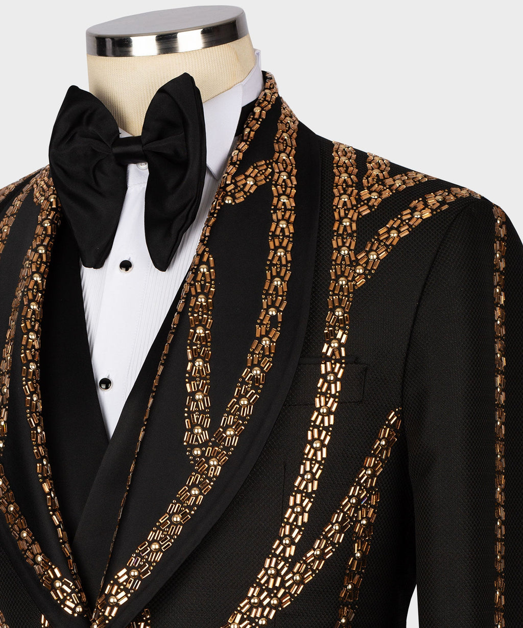 Gold beaded embroidery on black tuxedo lapel with bow tie and shirtfront