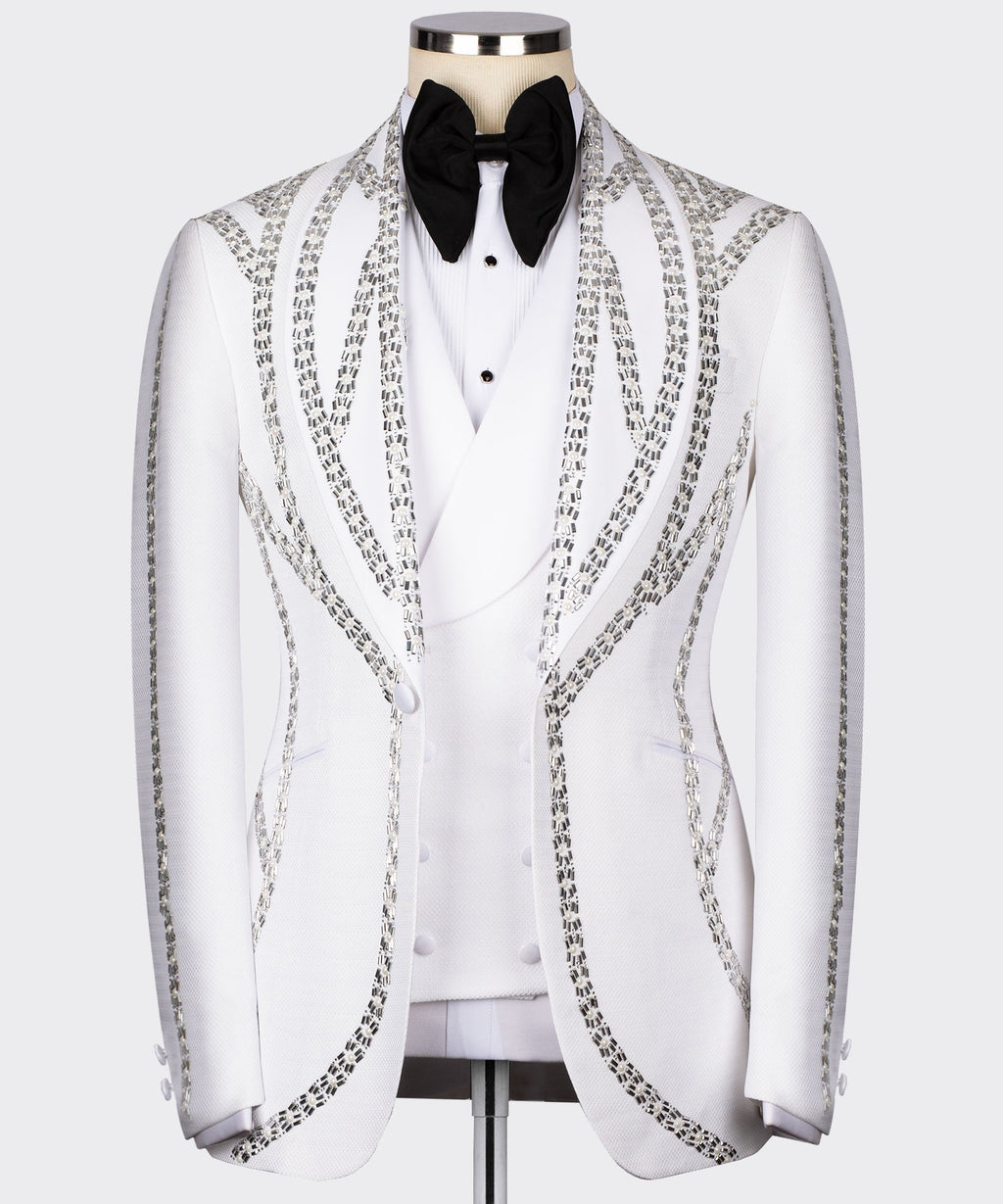 White tuxedo jacket with silver-toned embroidered front, satin lapels, black bow tie