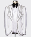 White tuxedo jacket with silver-toned embroidered front, satin lapels, black bow tie