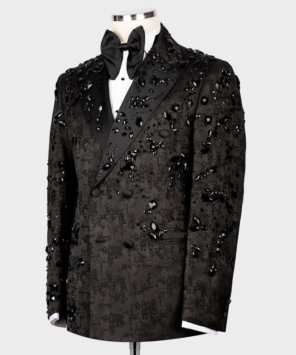 Black tuxedo jacket, bow tie front, scattered jeweled embellishments