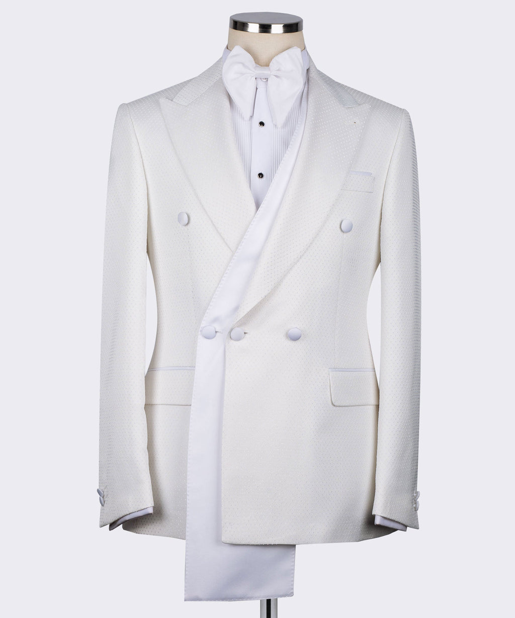 White double-breasted tuxedo jacket with satin-trim shawl lapels and four-button front
