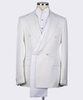 White double-breasted tuxedo jacket with satin-trim shawl lapels and four-button front