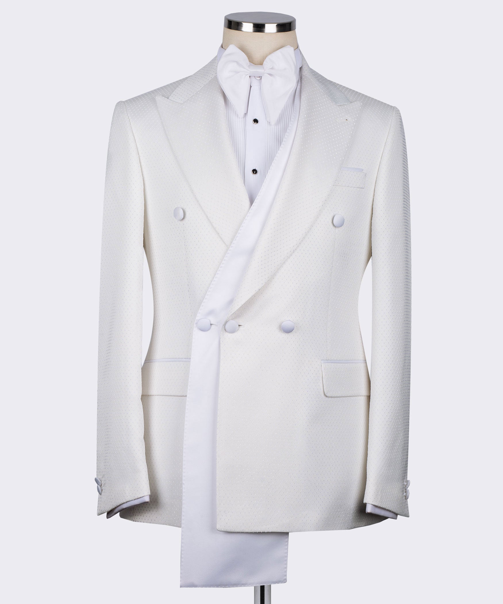 White double-breasted tuxedo jacket with satin-trim shawl lapels and four-button front