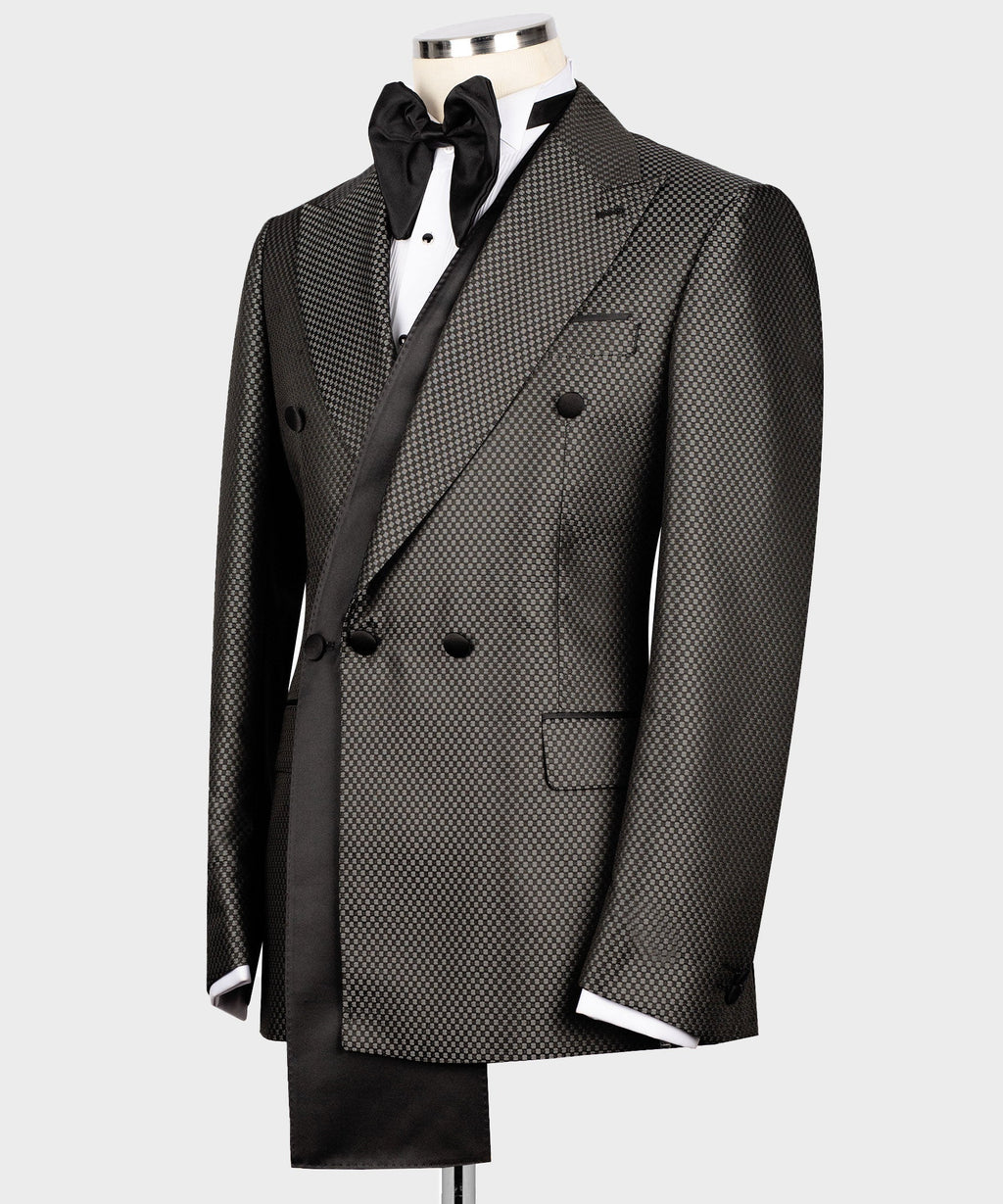 Side view charcoal-gray double-breasted tuxedo jacket, black satin bow collar