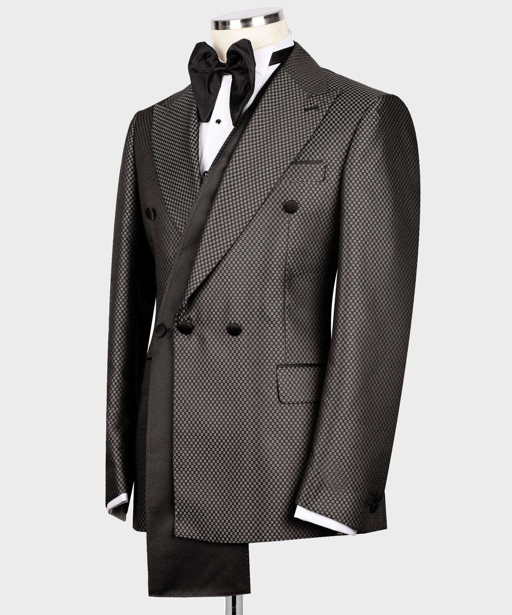 Side view charcoal-gray double-breasted tuxedo jacket, black satin bow collar
