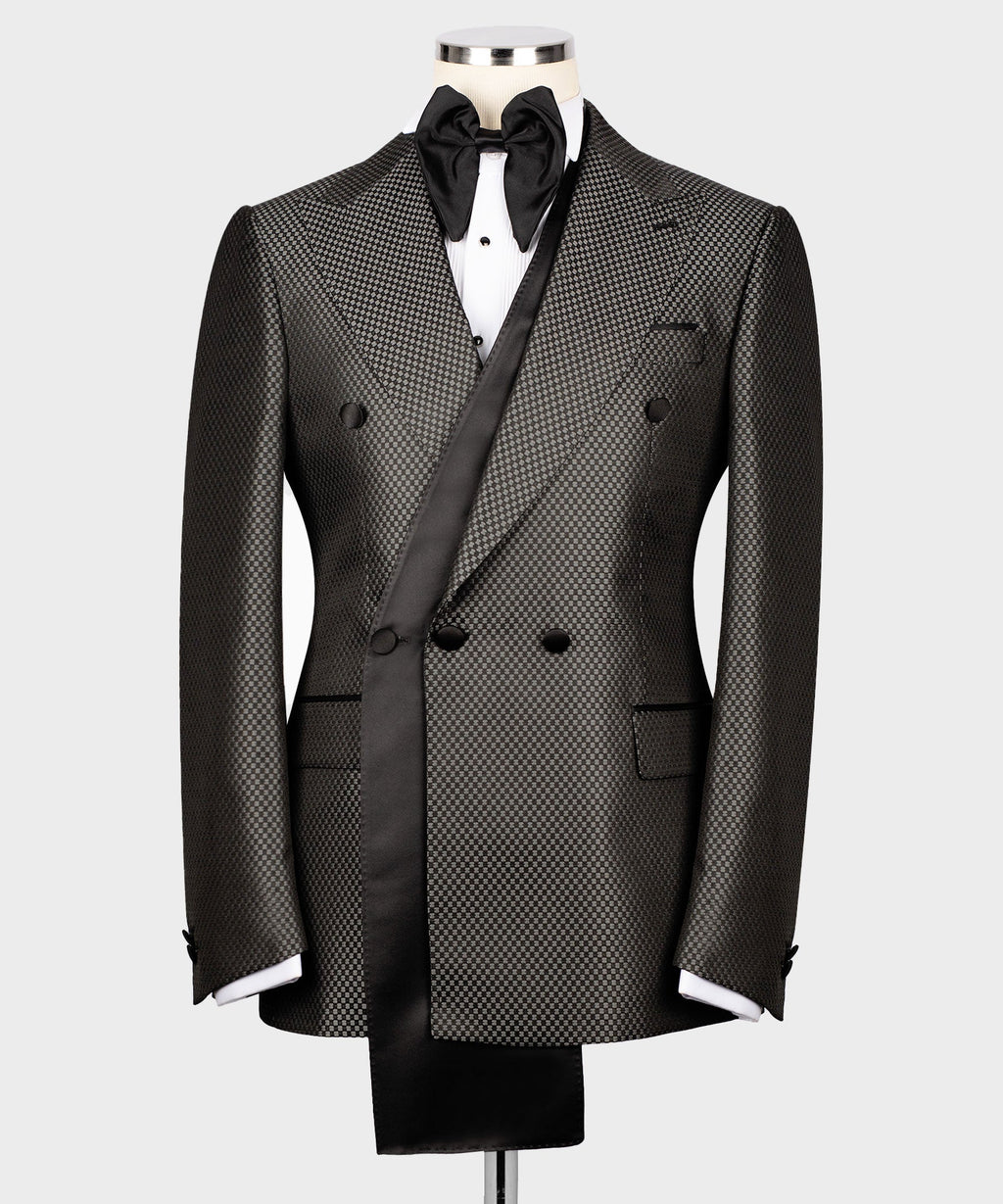 Charcoal-gray double-breasted tuxedo jacket with black satin shawl collar