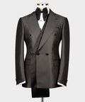 Charcoal-gray double-breasted tuxedo jacket with black satin shawl collar