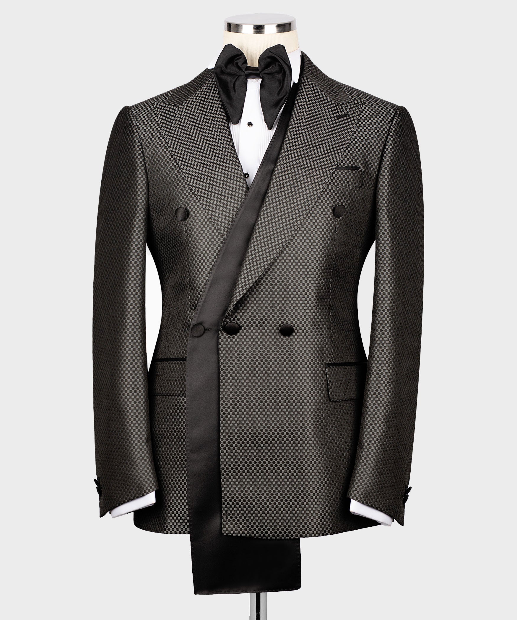 Charcoal-gray double-breasted tuxedo jacket with black satin shawl collar