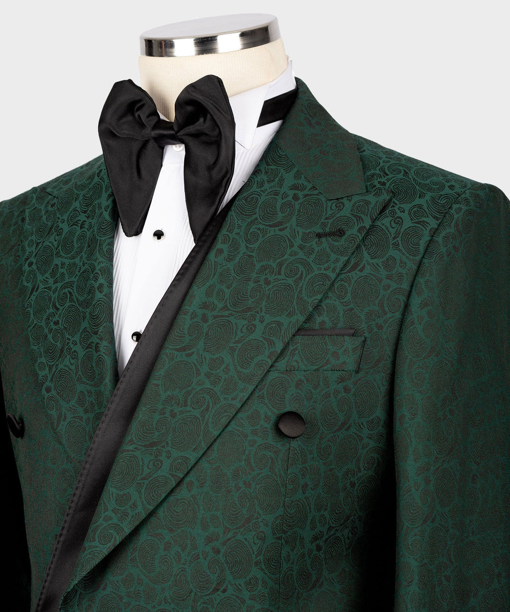 Green tuxedo jacket detail with black satin shawl lapel and breast pocket