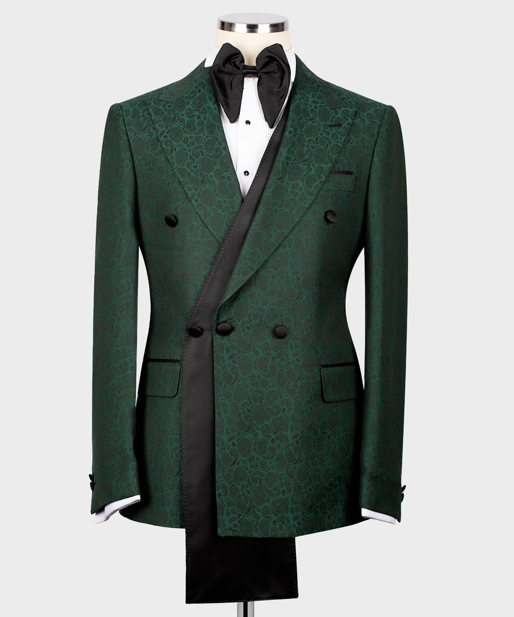Green double-breasted tuxedo jacket, black satin shawl lapels, four-button front