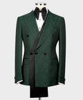 Green double-breasted tuxedo jacket, black satin shawl lapels, four-button front