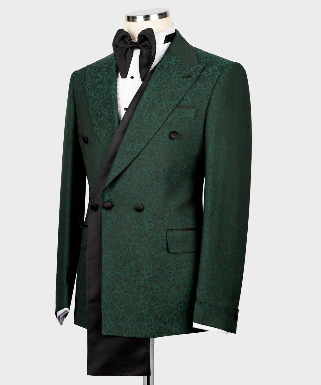 Green double-breasted tuxedo jacket with black satin shawl lapel and chest pocket