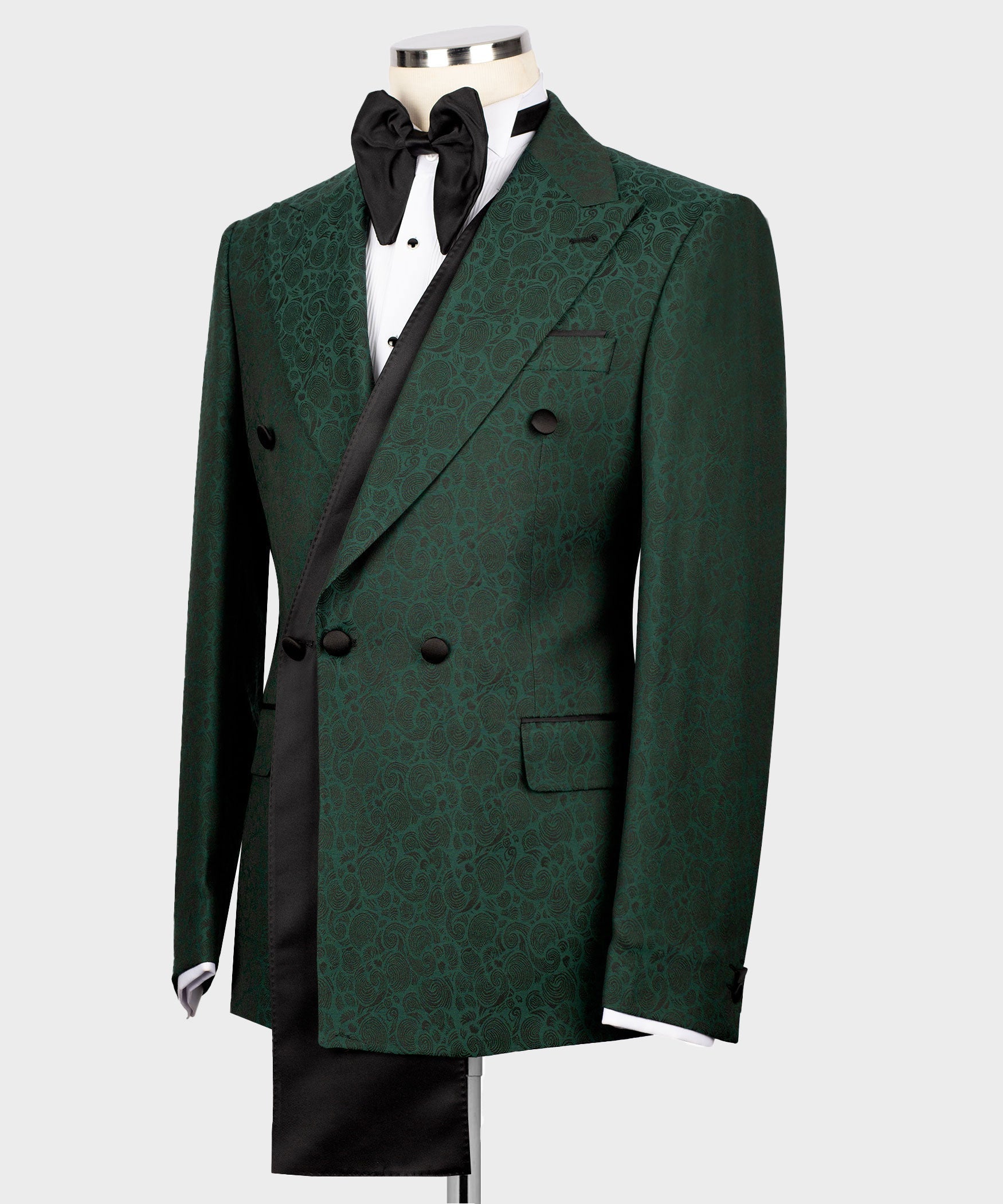 Green double-breasted tuxedo jacket with black satin shawl lapel and chest pocket