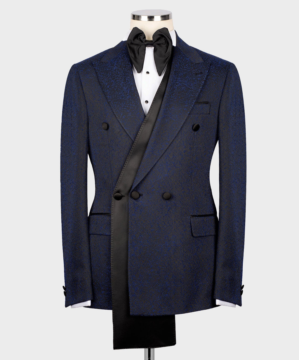 Dark navy double-breasted tuxedo jacket with black satin bow and satin-trim lapels