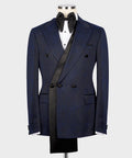 Dark navy double-breasted tuxedo jacket with black satin bow and satin-trim lapels