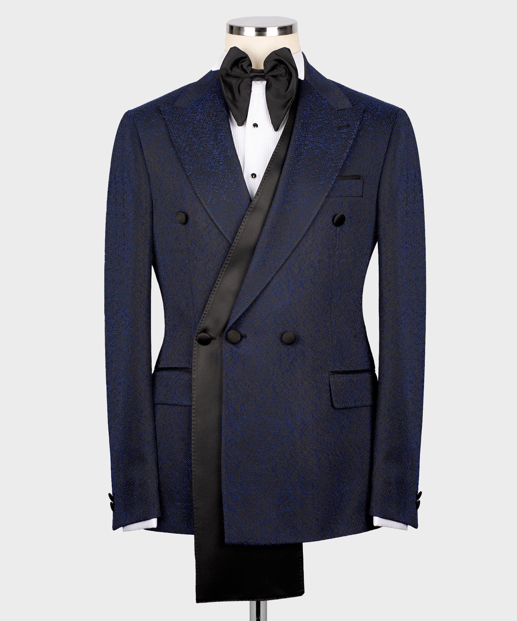 Dark navy double-breasted tuxedo jacket with black satin bow and satin-trim lapels