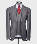 Gray vest suit jacket and vest with gold buttons, notched lapels, red patterned tie