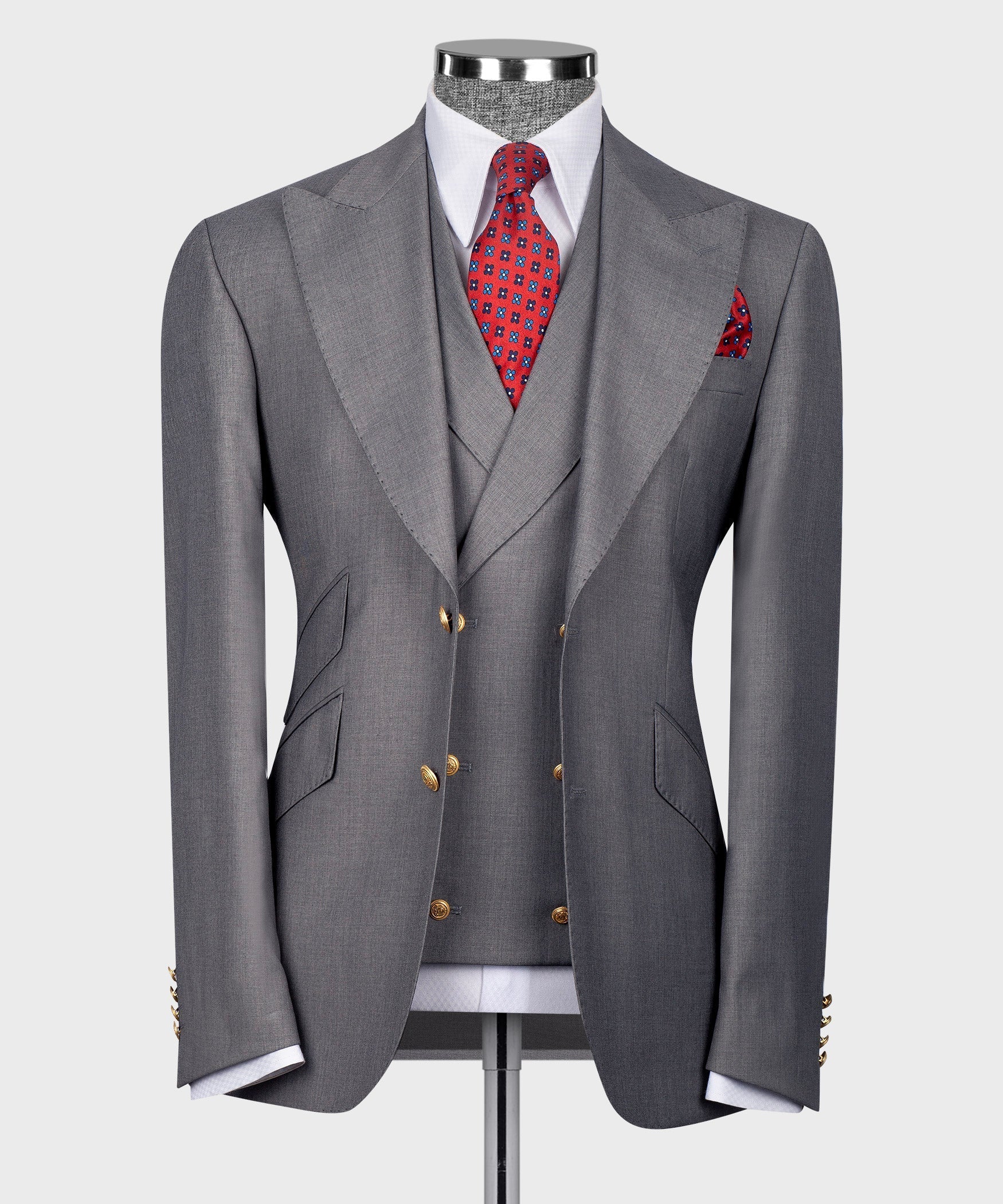 Gray vest suit jacket and vest with gold buttons, notched lapels, red patterned tie