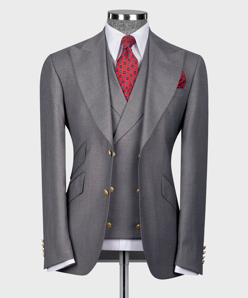 Gray vest suit jacket and vest with gold buttons, notched lapels, red patterned tie