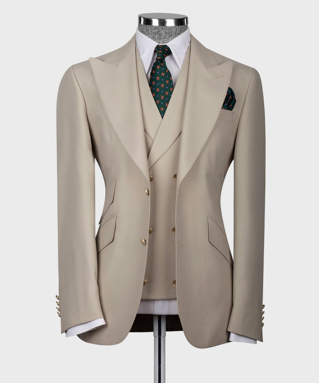 Cream classic vest suit jacket with notch lapels, gold buttons, and matching pocket square