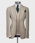 Cream classic vest suit jacket with notch lapels, gold buttons, and matching pocket square