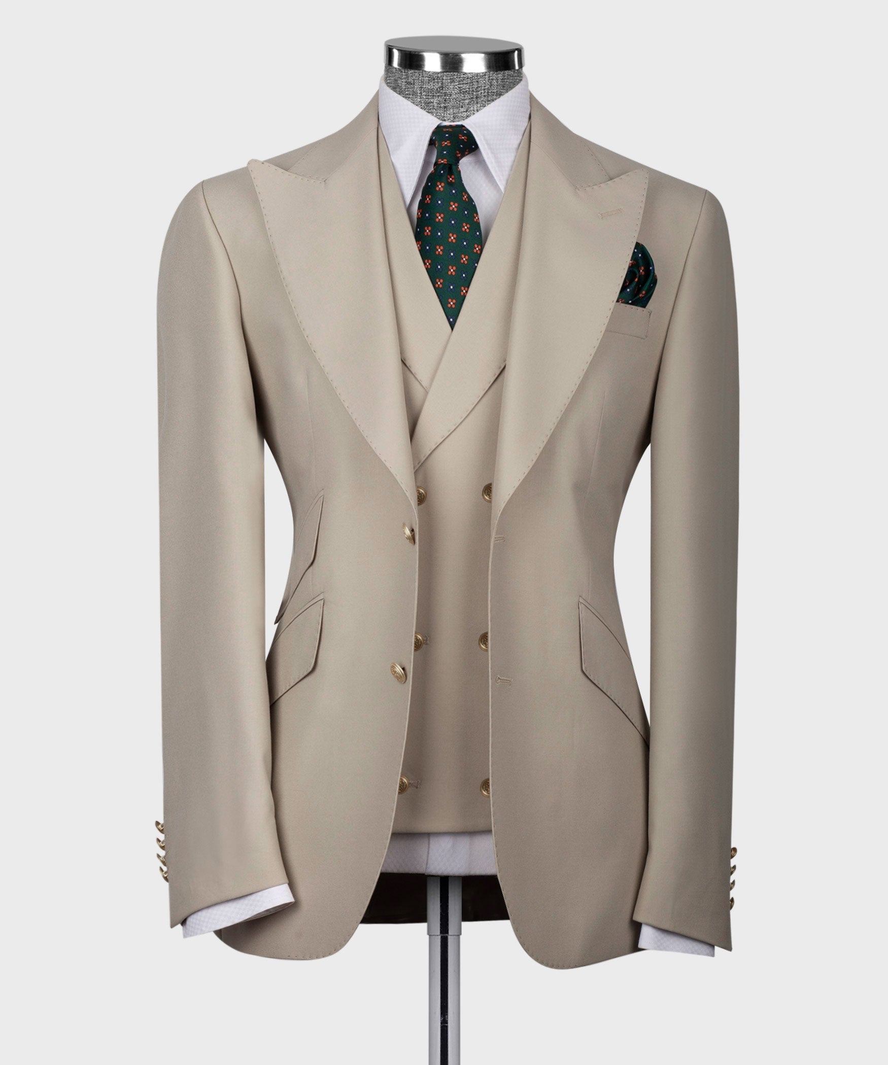 Cream classic vest suit jacket with notch lapels, gold buttons, and matching pocket square