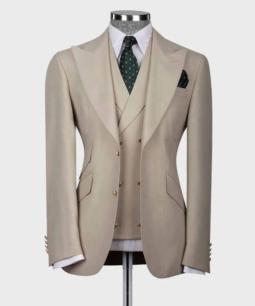 Cream classic vest suit jacket with notch lapels, gold buttons, and matching pocket square