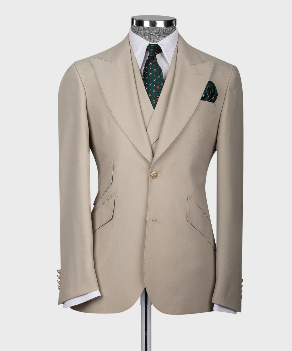 Cream vest suit jacket front view with notch lapels, gold buttons, and flap pockets