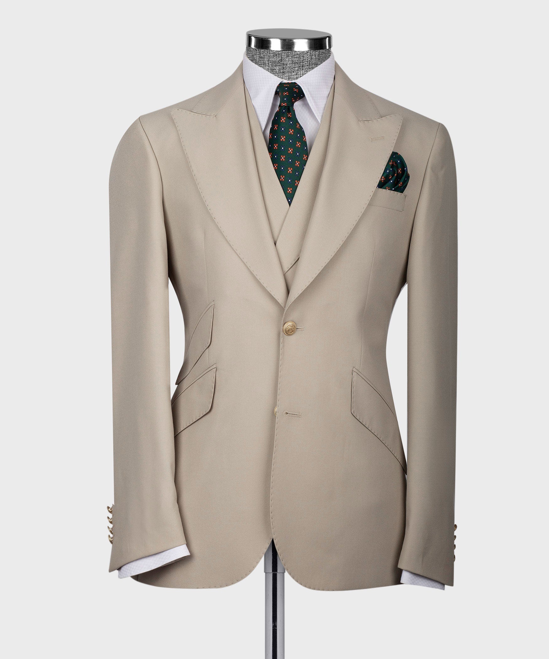 Cream vest suit jacket front view with notch lapels, gold buttons, and flap pockets