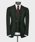 Dark green suit jacket and vest set with gold buttons, white shirt, red patterned tie