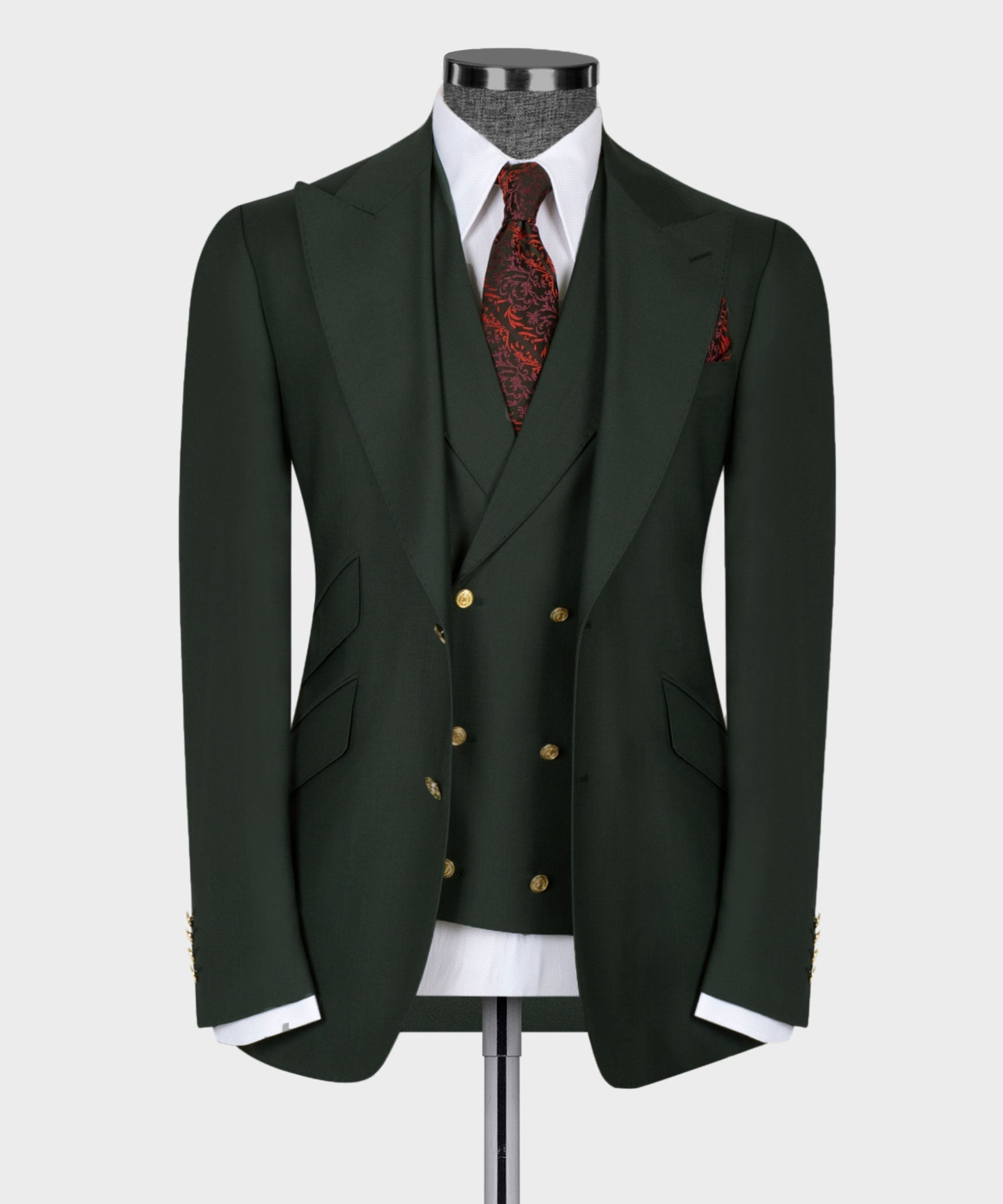 Dark green suit jacket and vest set with gold buttons, white shirt, red patterned tie