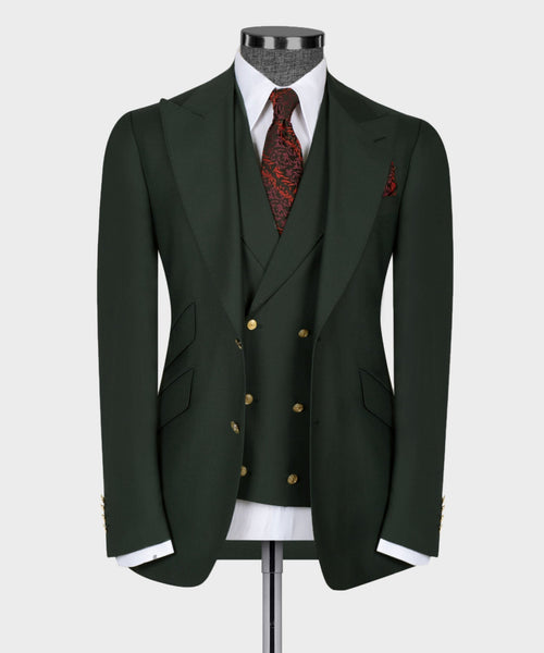 Dark green suit jacket and vest set with gold buttons, white shirt, red patterned tie