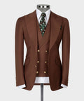 Brown 3-piece suit jacket and vest set, gold buttons, notched lapels, patterned green tie