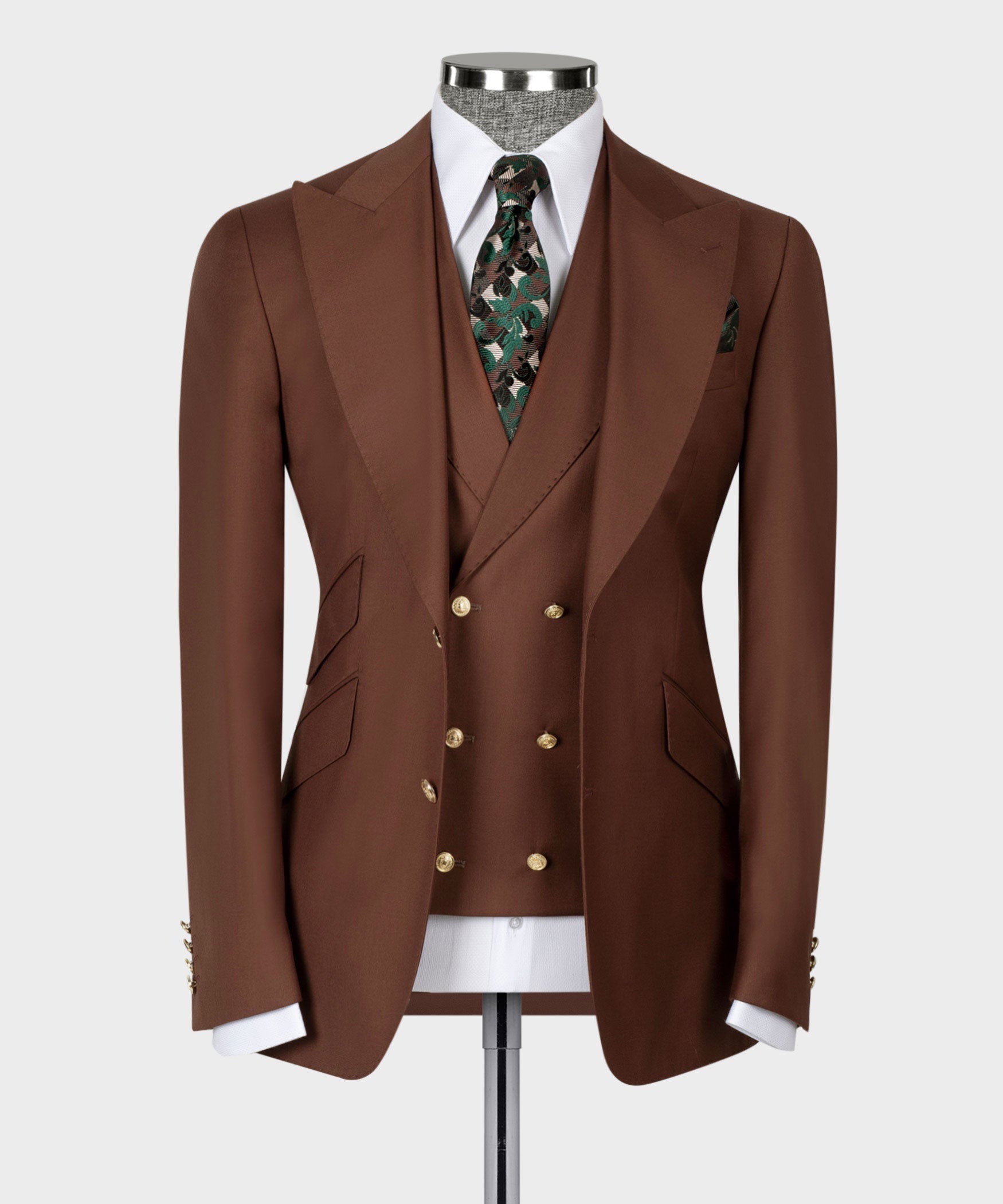 Brown 3-piece suit jacket and vest set, gold buttons, notched lapels, patterned green tie