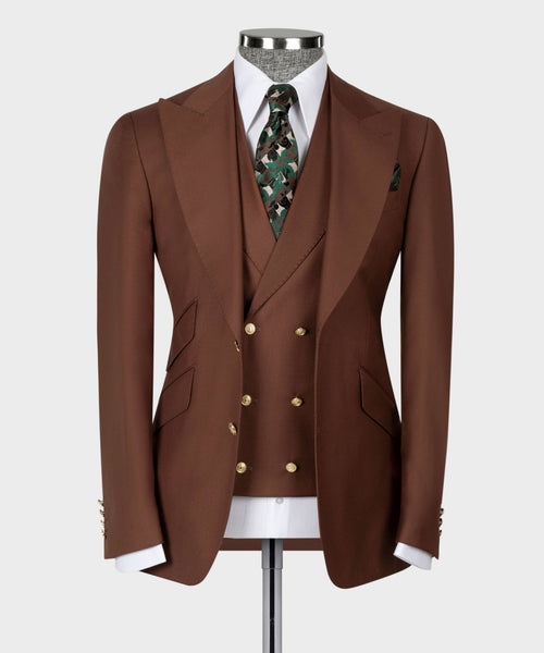 Brown 3-piece suit jacket and vest set, gold buttons, notched lapels, patterned green tie