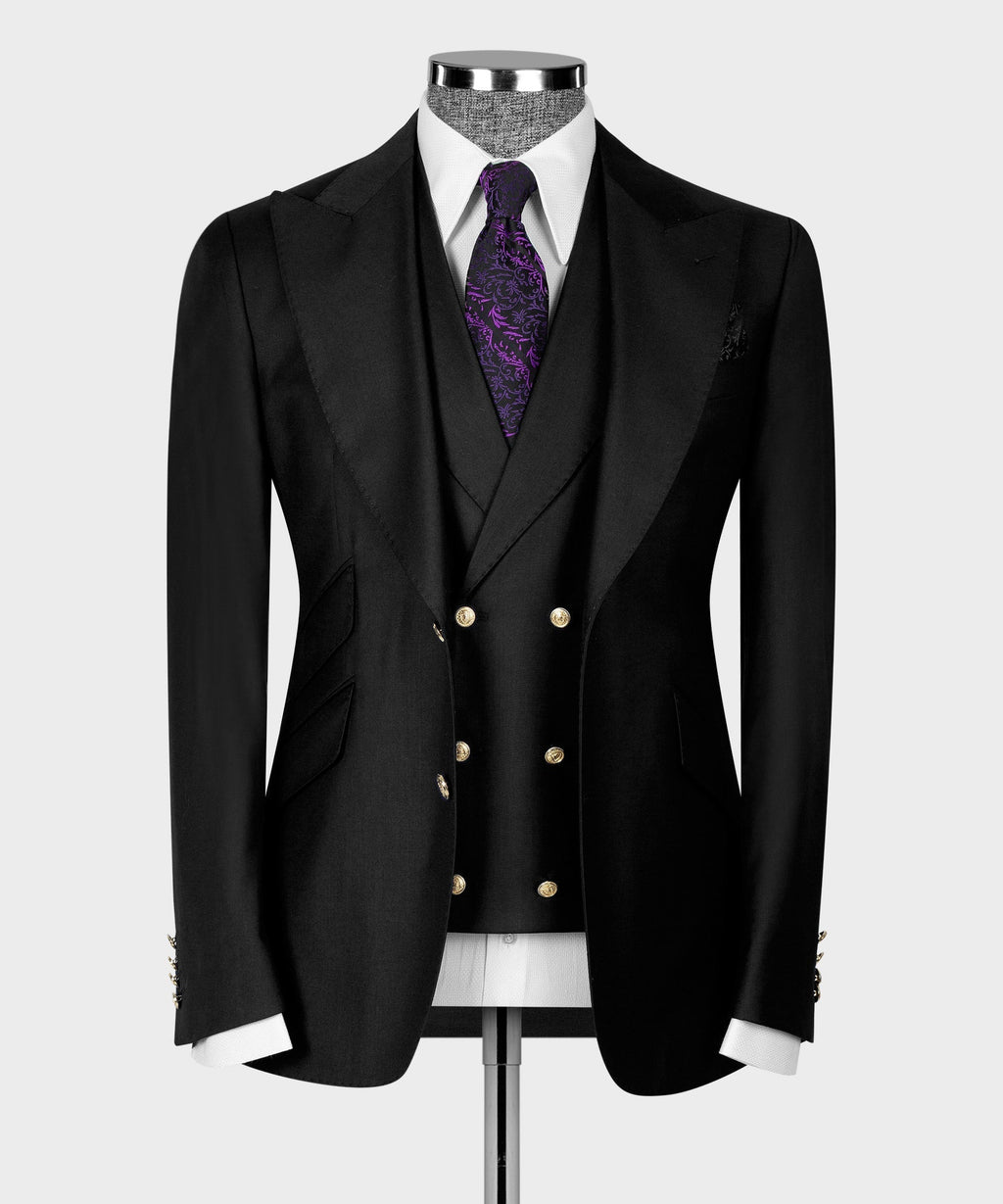 Black vest suit jacket and vest, gold buttons on vest, notch lapels, purple patterned tie