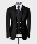 Black vest suit jacket and vest, gold buttons on vest, notch lapels, purple patterned tie