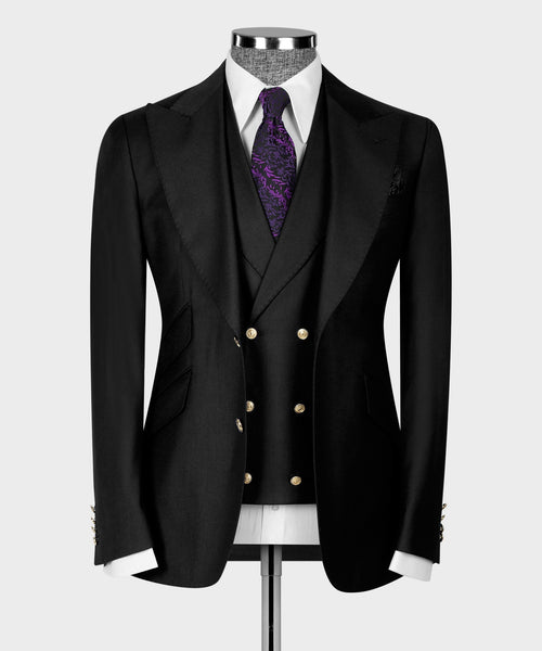 Black vest suit jacket and vest, gold buttons on vest, notch lapels, purple patterned tie