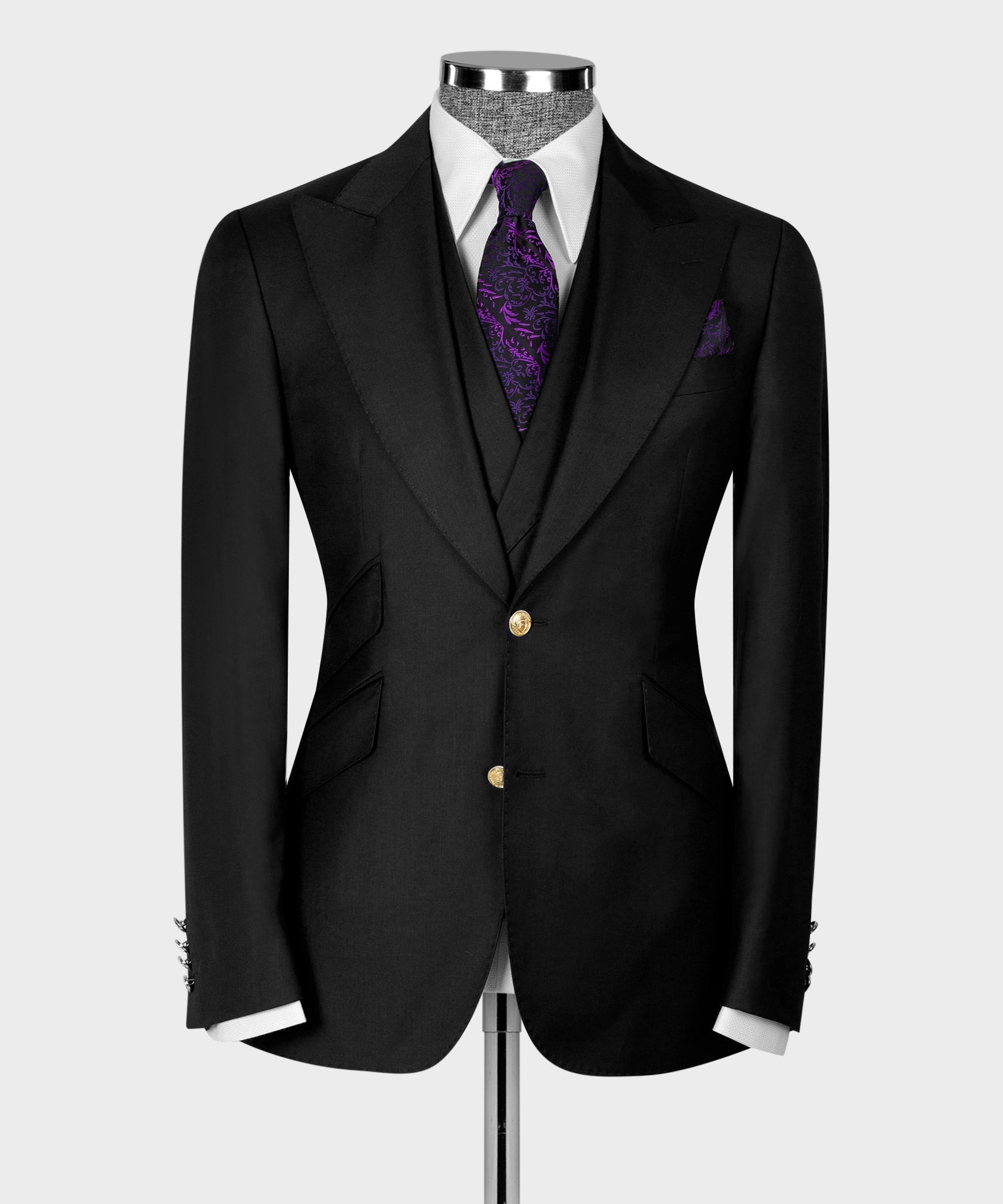 Black tailored jacket and waistcoat set, gold vest buttons, purple tie accent