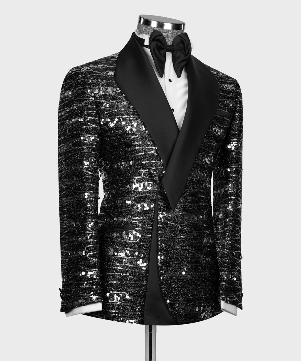 Black tuxedo jacket front view, double-breasted button placket, sequined silver shimmer