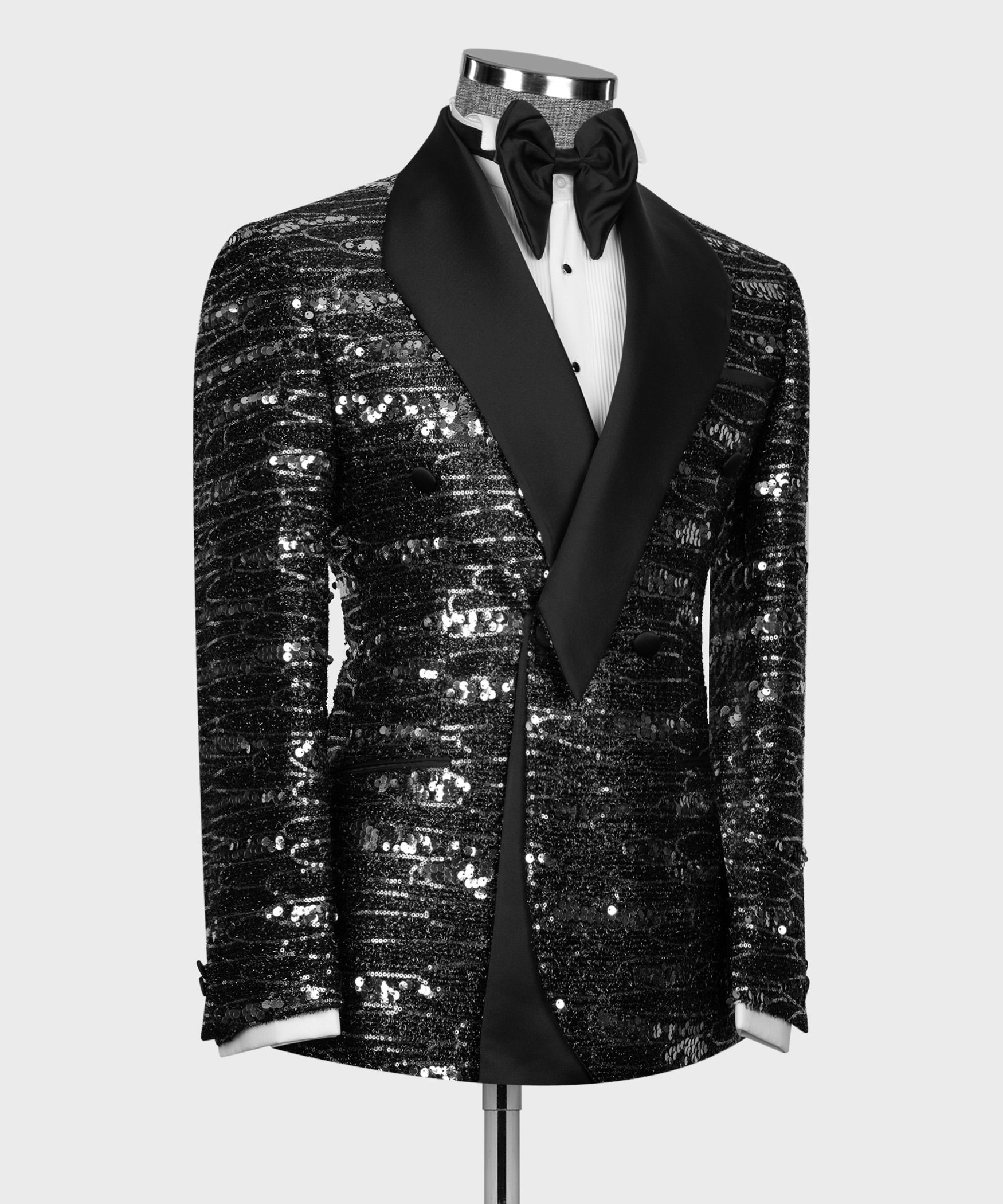 Black tuxedo jacket front view, double-breasted button placket, sequined silver shimmer