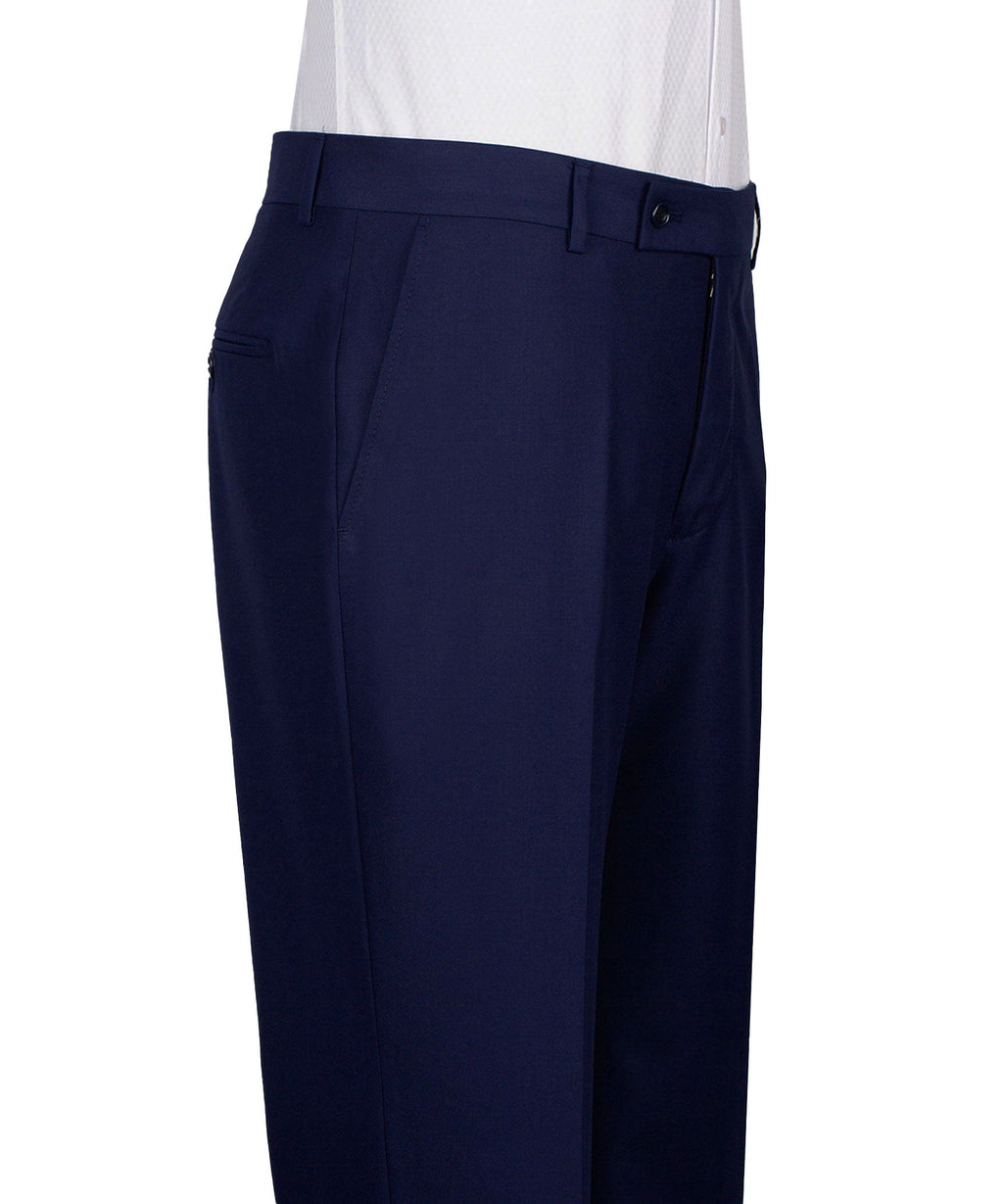 Navy tuxedo trousers with pleat-front styling and side pockets