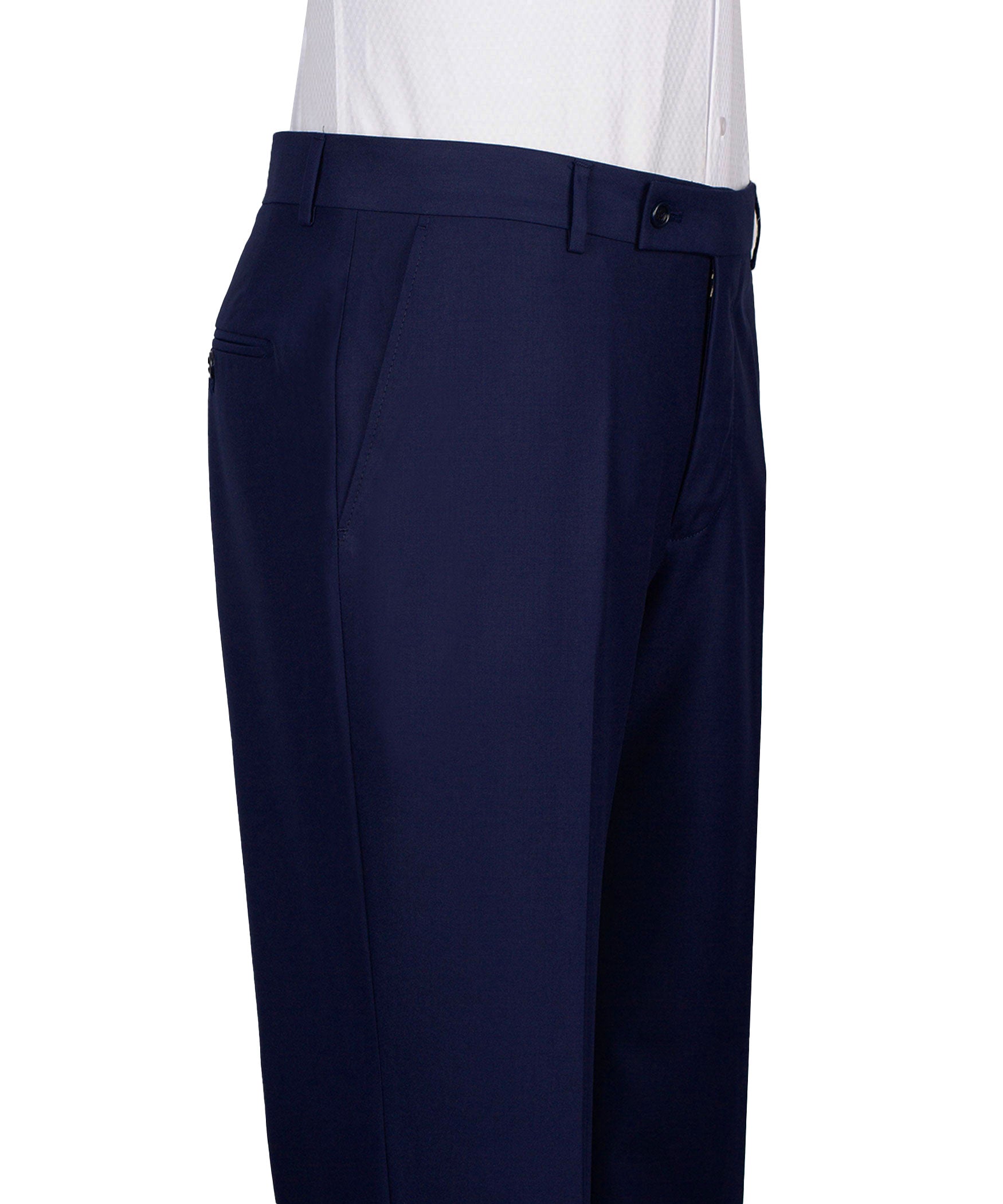 Navy tuxedo trousers with pleat-front styling and side pockets