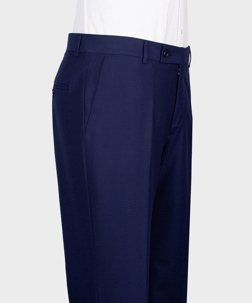 Navy tuxedo dress pants with belt loops, front pleats, and button closure