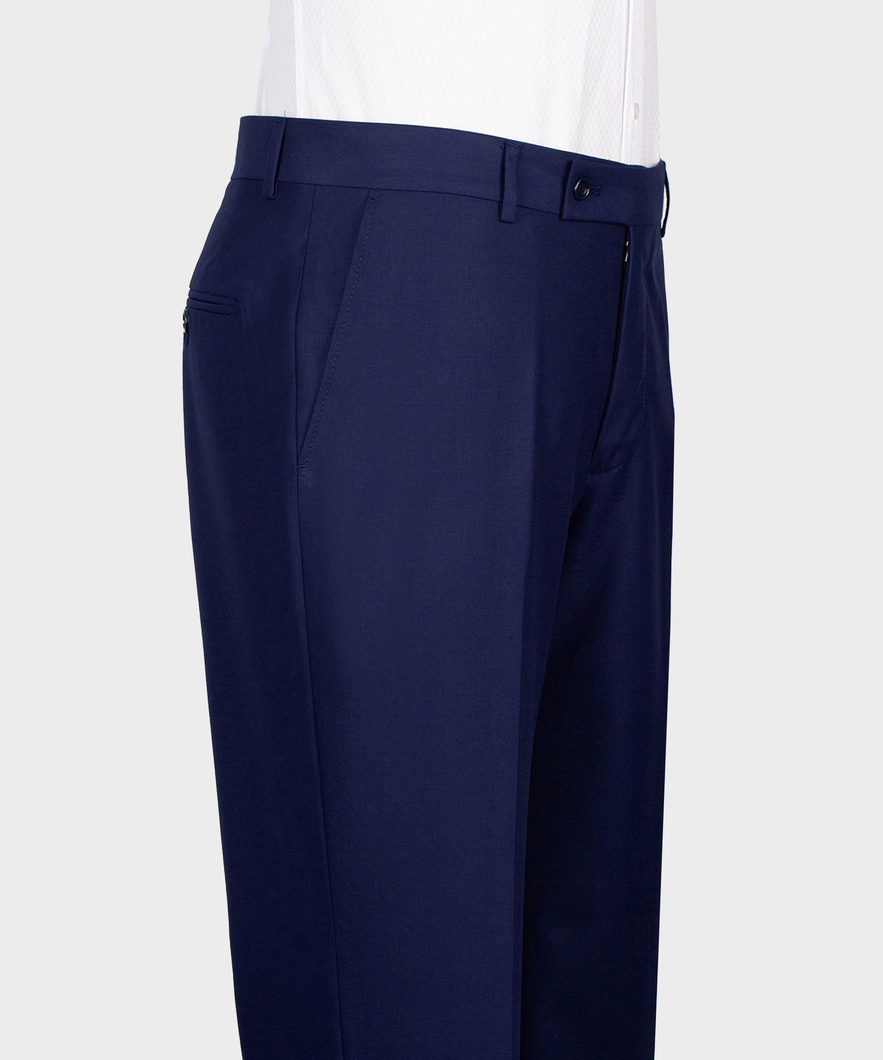 Navy tuxedo dress pants with belt loops, front pleats, and button closure
